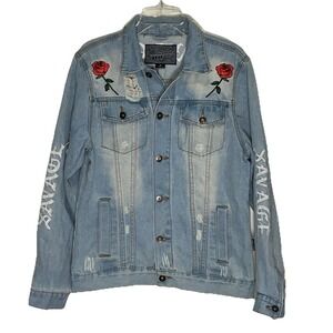 Brooklyn Cloth Denim Jacket M Light Blue Cotton Savage Dragon Rose Distressed